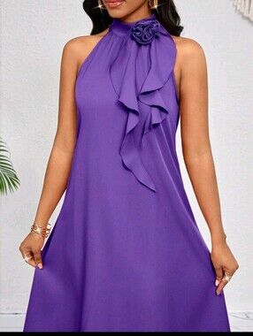 Purple Halter Maxi Dress with Ruffle Rose Accent MEDIUM
